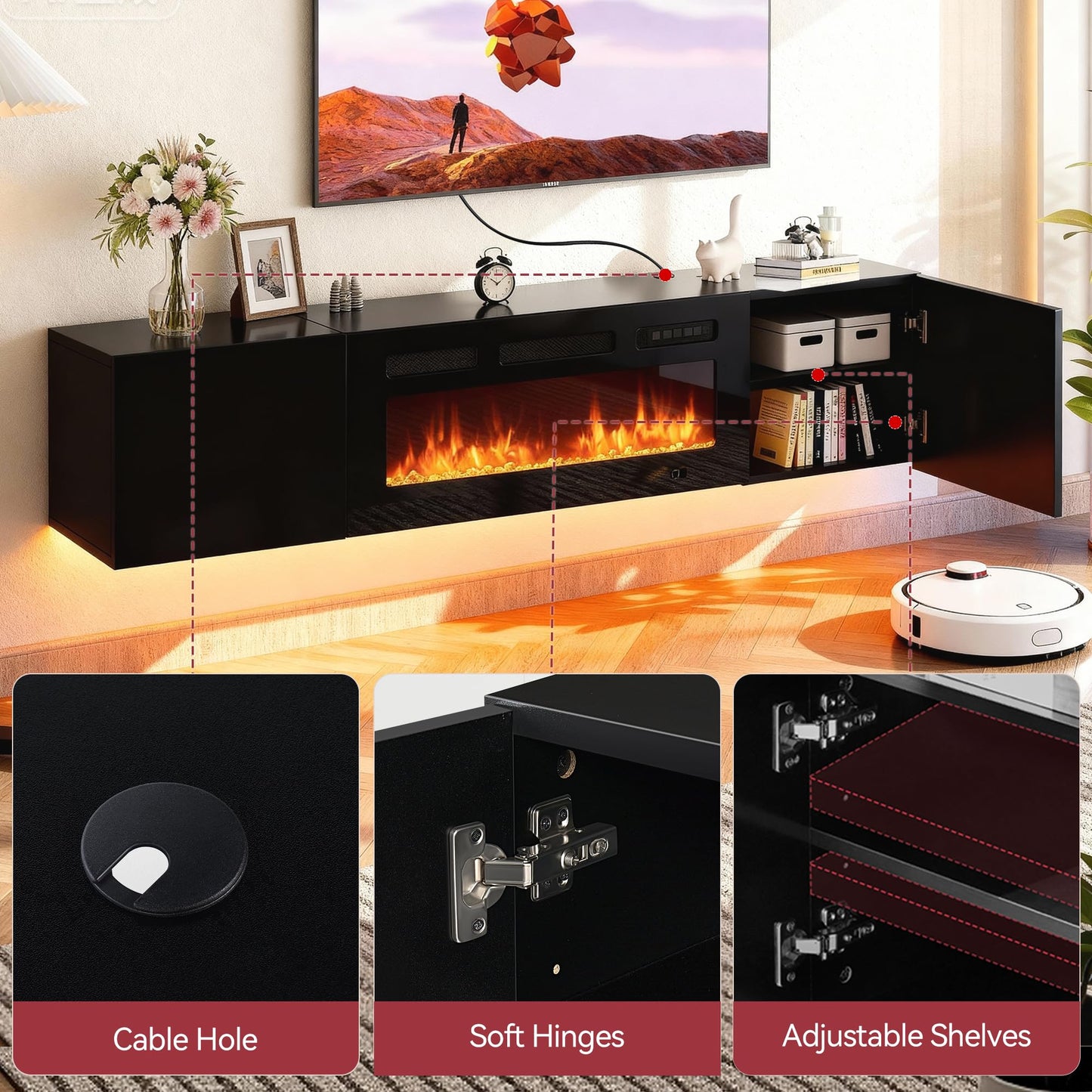 MXV 70'' Floating TV Stand, Modern Media Entertainment Center with 36" Electric Fireplace, TV Console Cabinet Wall Mounted, Adjustable 12-Color LED Lights, for Living Room, Black + Black