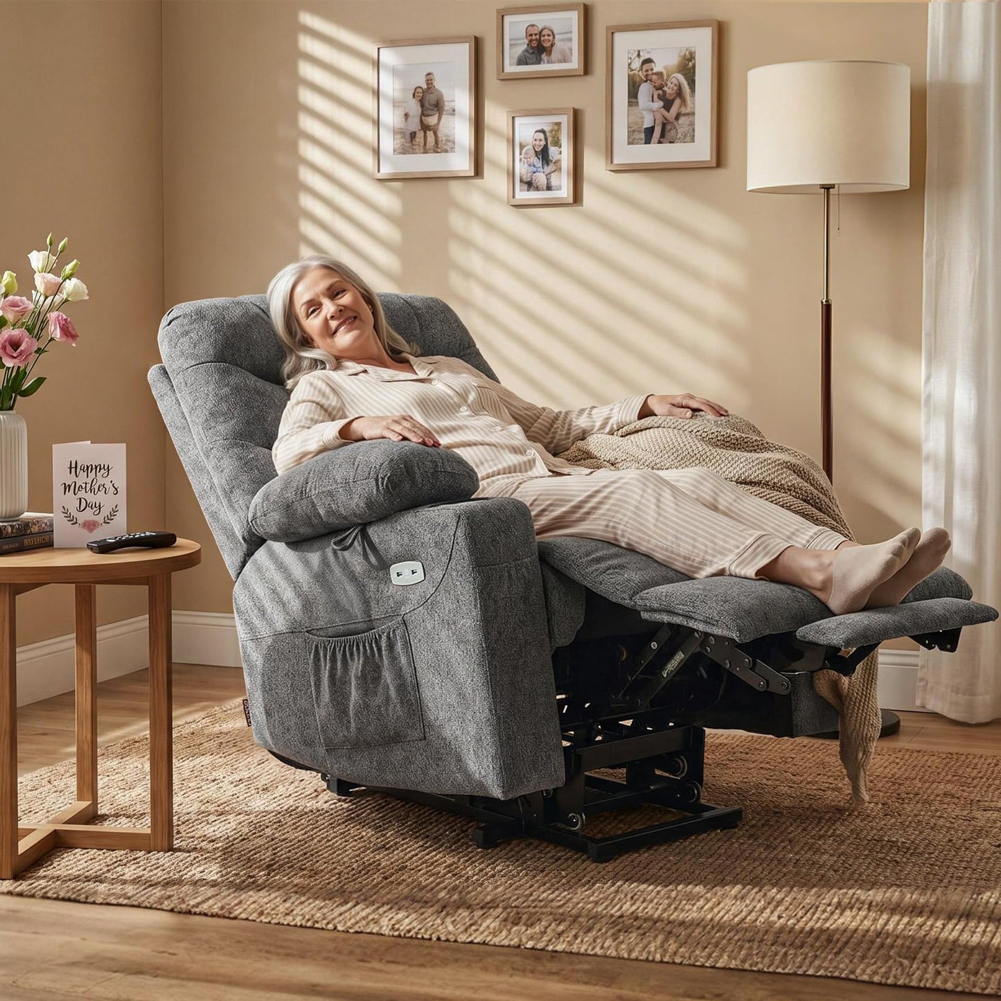MCombo Power Lift Recliner Chair for Elderly, Electric Lift Chair with Extended Footrest, USB Ports, Cup Holders, Fabric 7287 (Dark Gray, Medium)