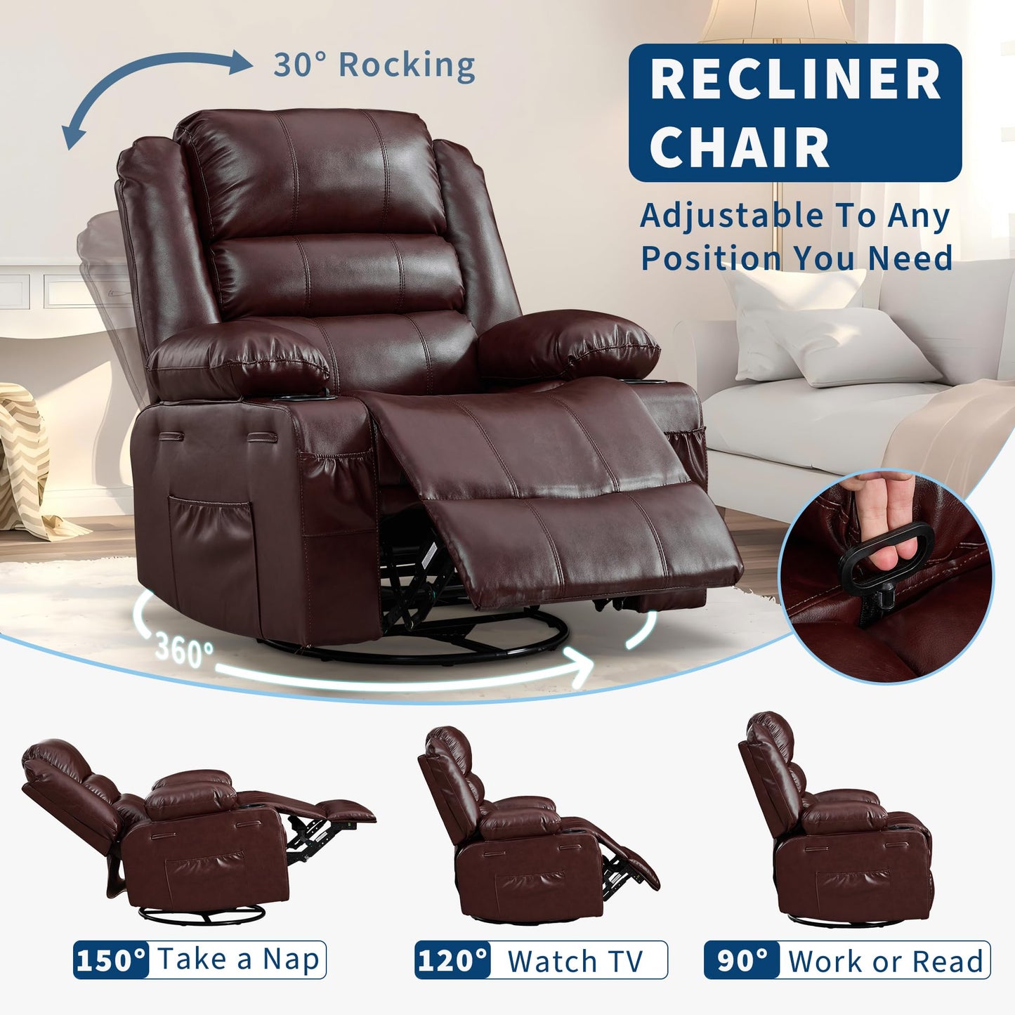 Garvee Rocking Recliner Chair for Adults 360° Swivel Rocker Recliner with Cup Holder Wide Nursery Glider with Upholstered Deep Seat PU Leather Comfy Single Sofa for Living Room Coffee