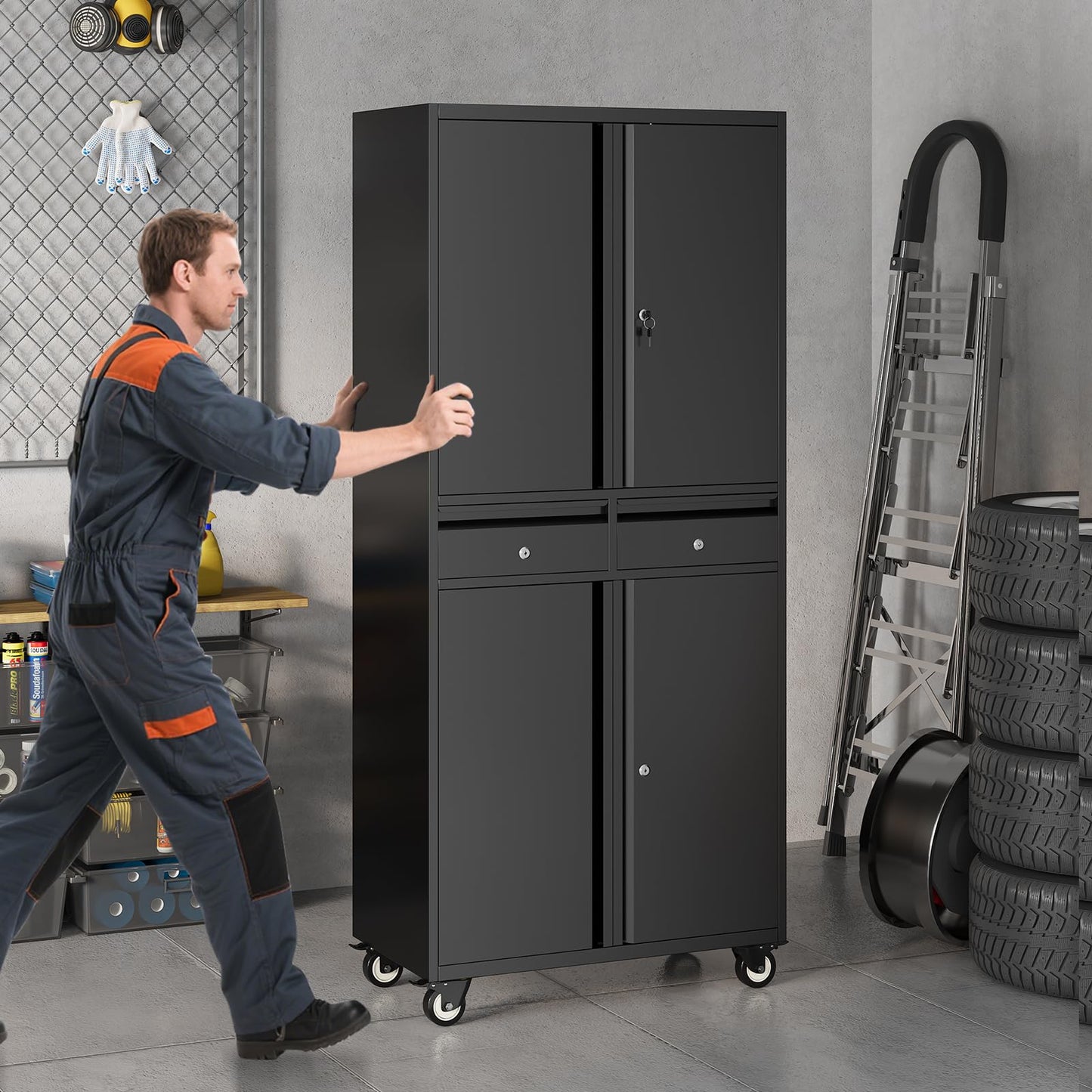 Metal Garage Storage Cabinet with 4 Wheels and 2 Drawers, 72" Heavy Duty Rolling Tool Storage Cabinet Organizer, Locking Doors and Adjustable Shelves for Garage, Workshop, Office, Warehouse