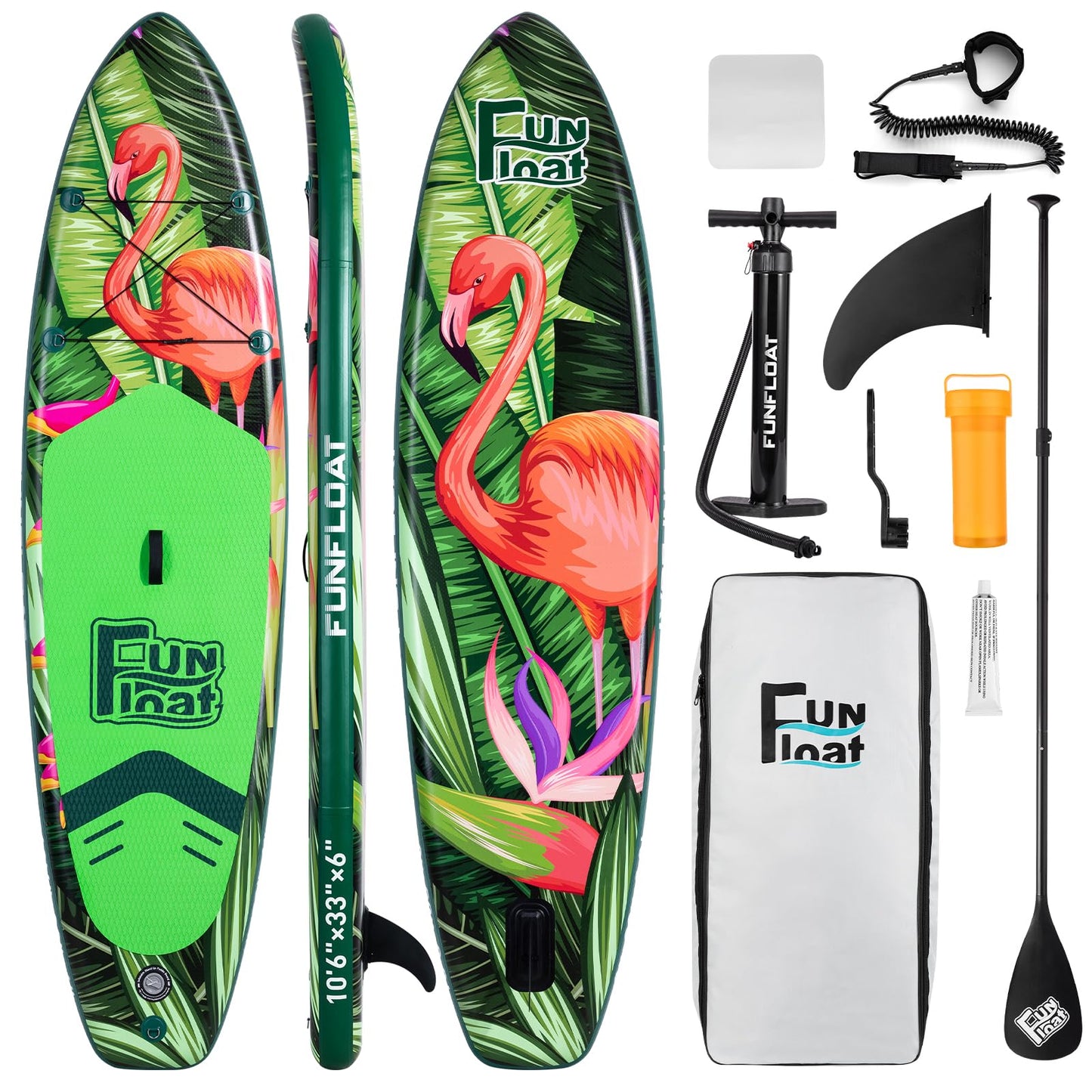 Fun Float SUP, Paddle Board 11'x33 x6 Wide Inflatable Stand Up Paddle Board with Hand Pump, Leash, Adjustable Paddle for Basic Version, 100L Backpack, All-Round Sup Board, Flamingo