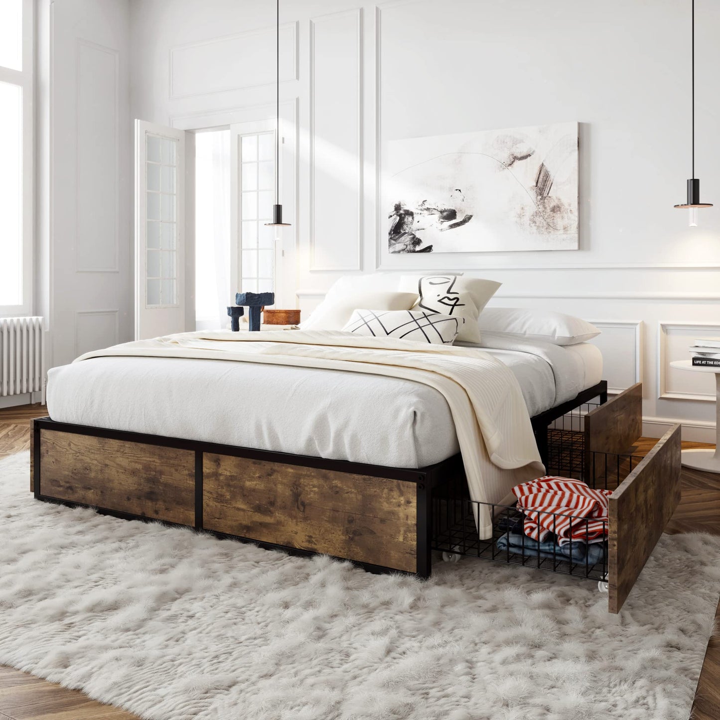 SHA CERLIN Full Size Bed Frame with Storage, 4 Extra Large Drawers on Wheels, Mattress Foundation, Strong Metal Slat Support, No Box Spring Needed, Easy Assembly