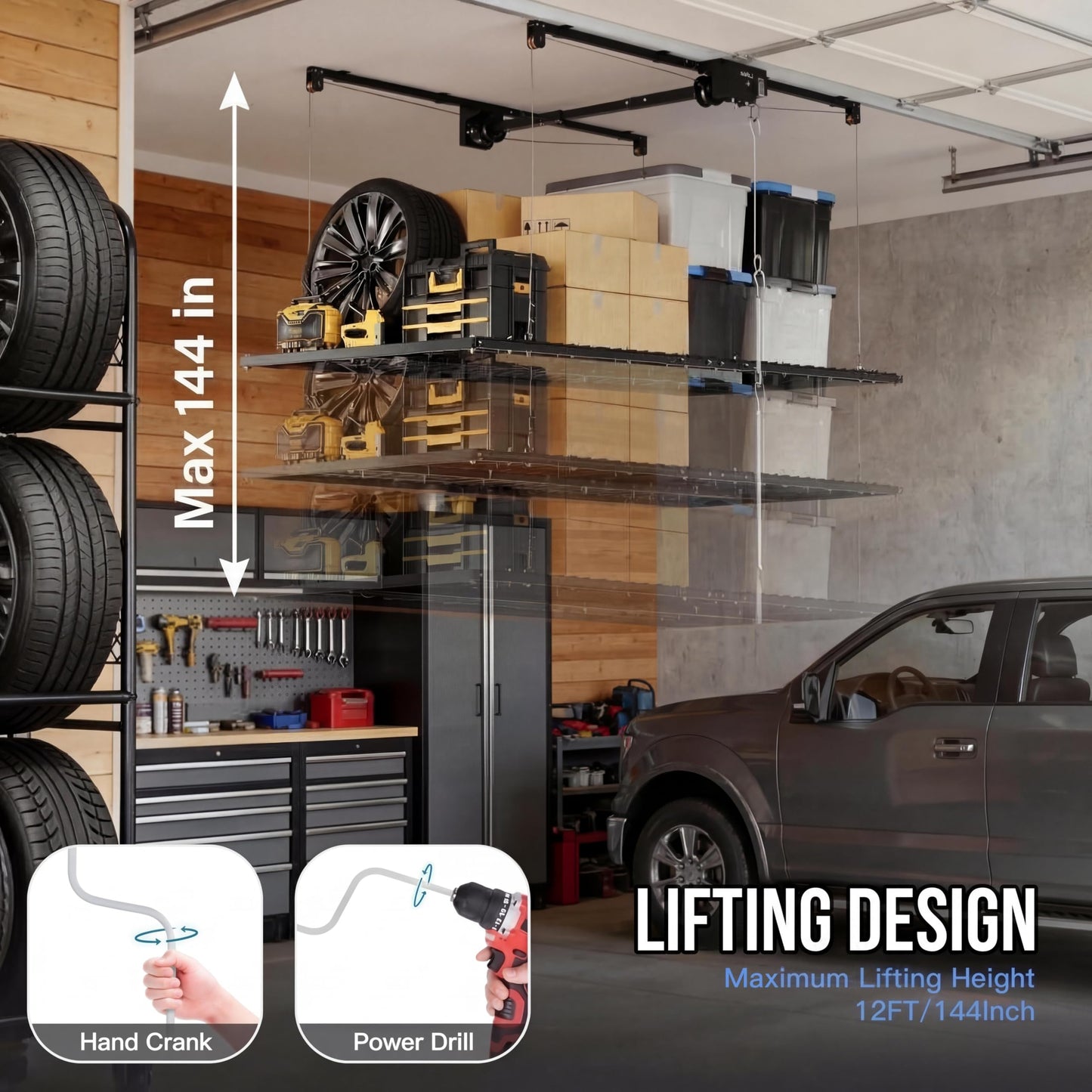 GarveeTech 4x8 ft Overhead Garage Storage Rack 800 Lbs Weight Capacity, Adjustable Heavy Duty Hanging Garage Ceiling Storage Rack System
