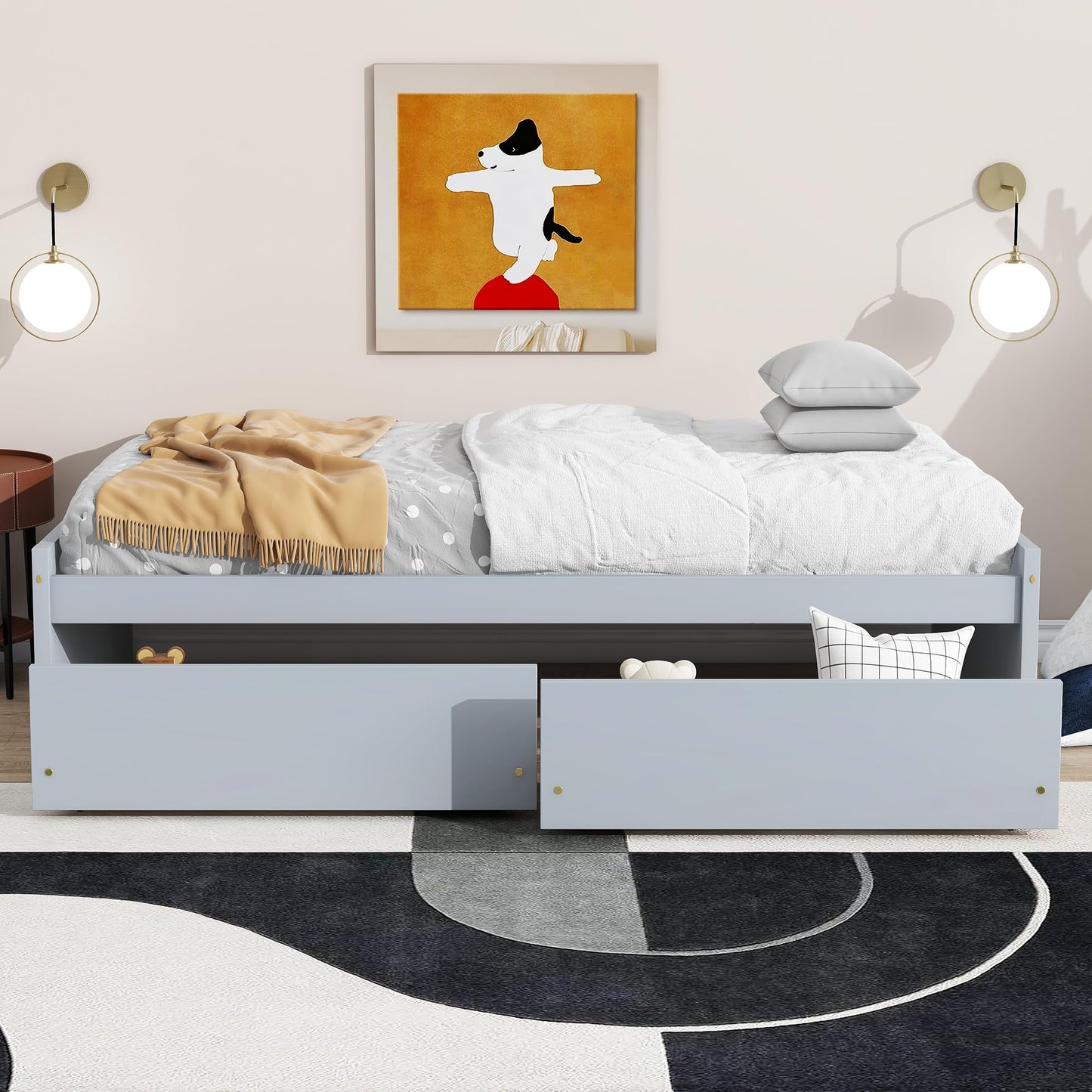 Twin Size Bed with Storage Drawers,Solid Rubber Wood Platform Bed Frame with 2 Pull-Out Drawers on Wheels,Wooden Beds for Kids Room Guest Room Bedroom,No Box Spring Needed,Easy Assembly,Grey