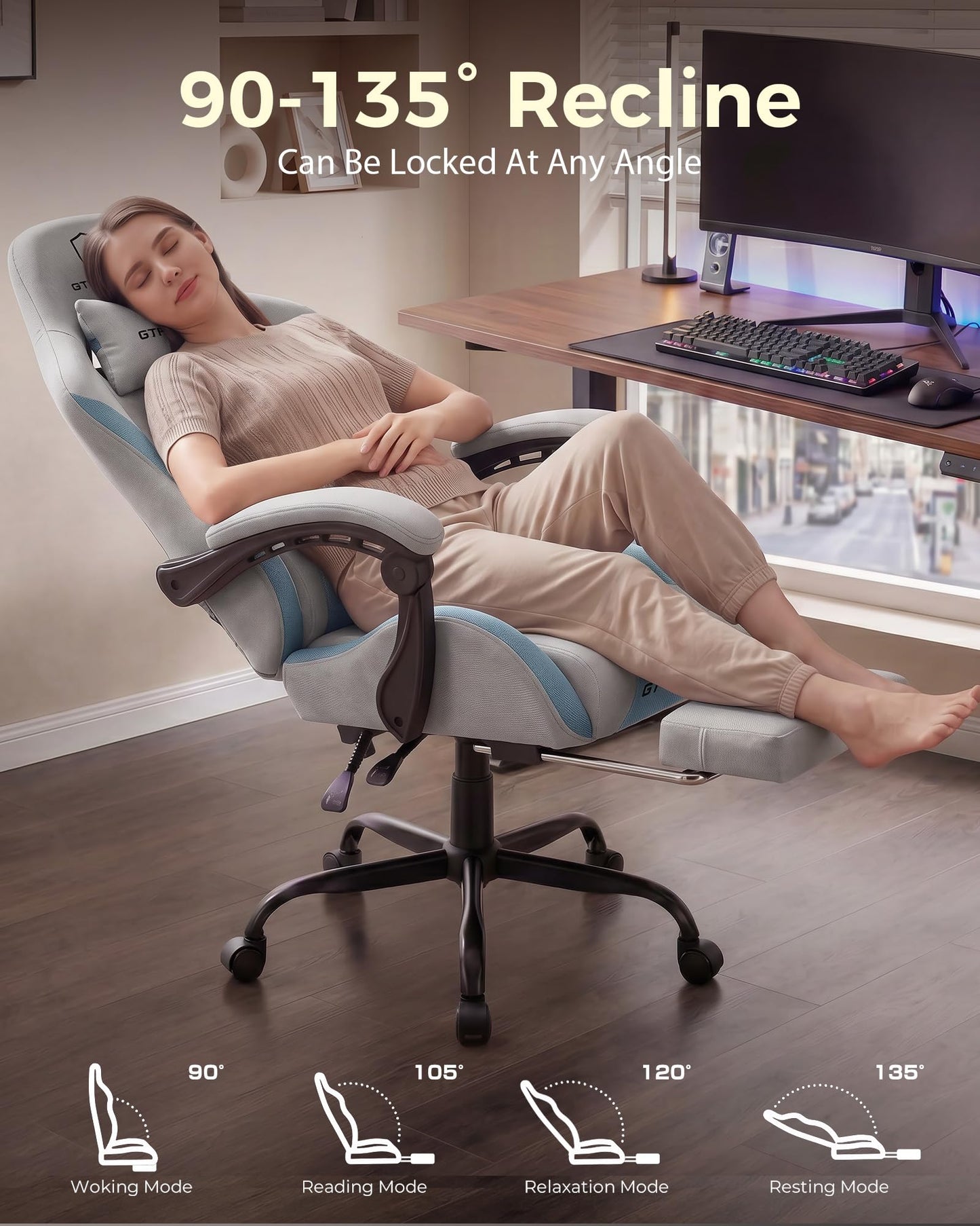 LUCKRACER Big and Tall Gaming Chair, 350Lbs Heavy Duty Office Chairs High Back Computer Chairs with Foot Rest Wide Cushion Lumbar Support Desk Chair Comfy for Adults Breathable Fabric, Smoky-Grey
