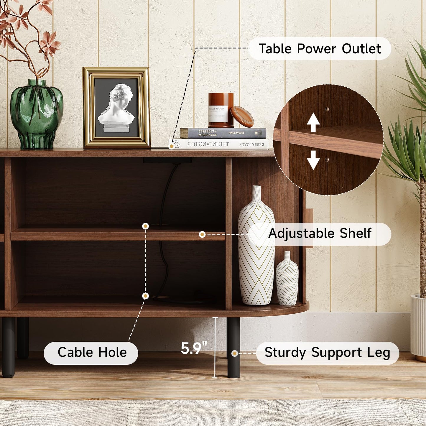ONBRILL 86.6" TV Stand with Power Outlet for TVs up to 90 Inch, Entertainment Center with Storage and Adjustable Shelves, Modern Media Console with Sliding Doors for Living Room, Walnut