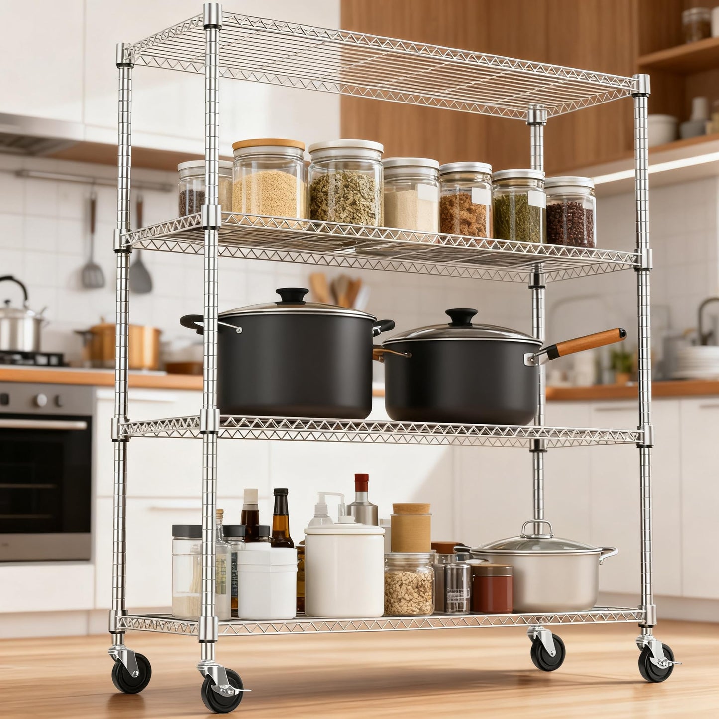 M MZG 1400LBS 47.2" W 4 Tiers Storage Shelves Metal Shelving Unit with Wheels Heavy Duty Garage Shelving Adjustable Wire Shelves for Pantry,Kitchen,Garage,Basement,Chrome 17.7" D x 47.2" W x 62.6" H