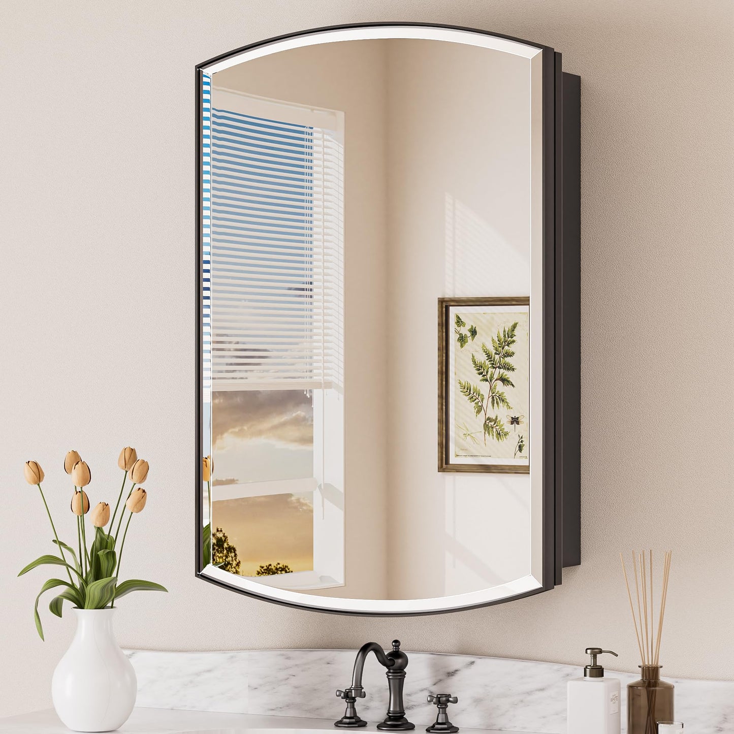 Keonjinn Black Medicine Cabinet with Mirror 20” x 30”, Metal Framed Wall Cabinet with Beveled Mirror, Surface Mount or Recessed Arched Medicine Cabinet for Bathroom,Bathroom Mirror with Storage