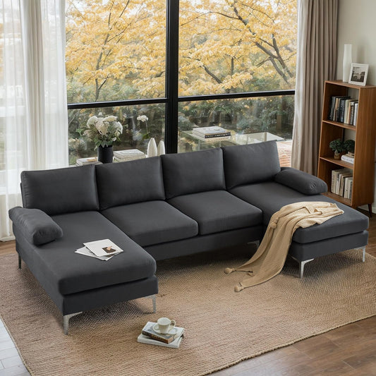 VINGLI 110" Modern Sectional Couch with 51" D Double Chaise, Dark Grey Deep Seat U Shaped Couch with Removable Pillows & Metal Legs, Comfy 4-Seat Sofas for Living Room, Linen Fabric