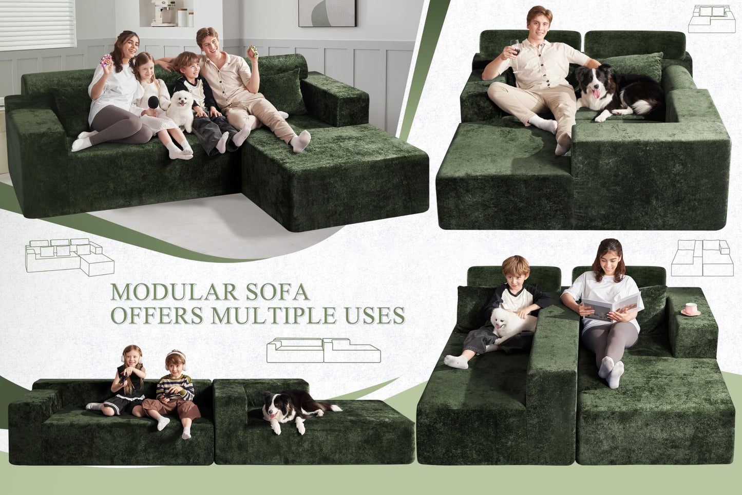HABUTWAY 105" L-Shape Modular Sectional Sofa Couch for Living Room,No Assembly Required,Modular Comfy Sofa with Deep Seat for Living Room Bedroom,Luxury Distressed Velvet(Right,Green)
