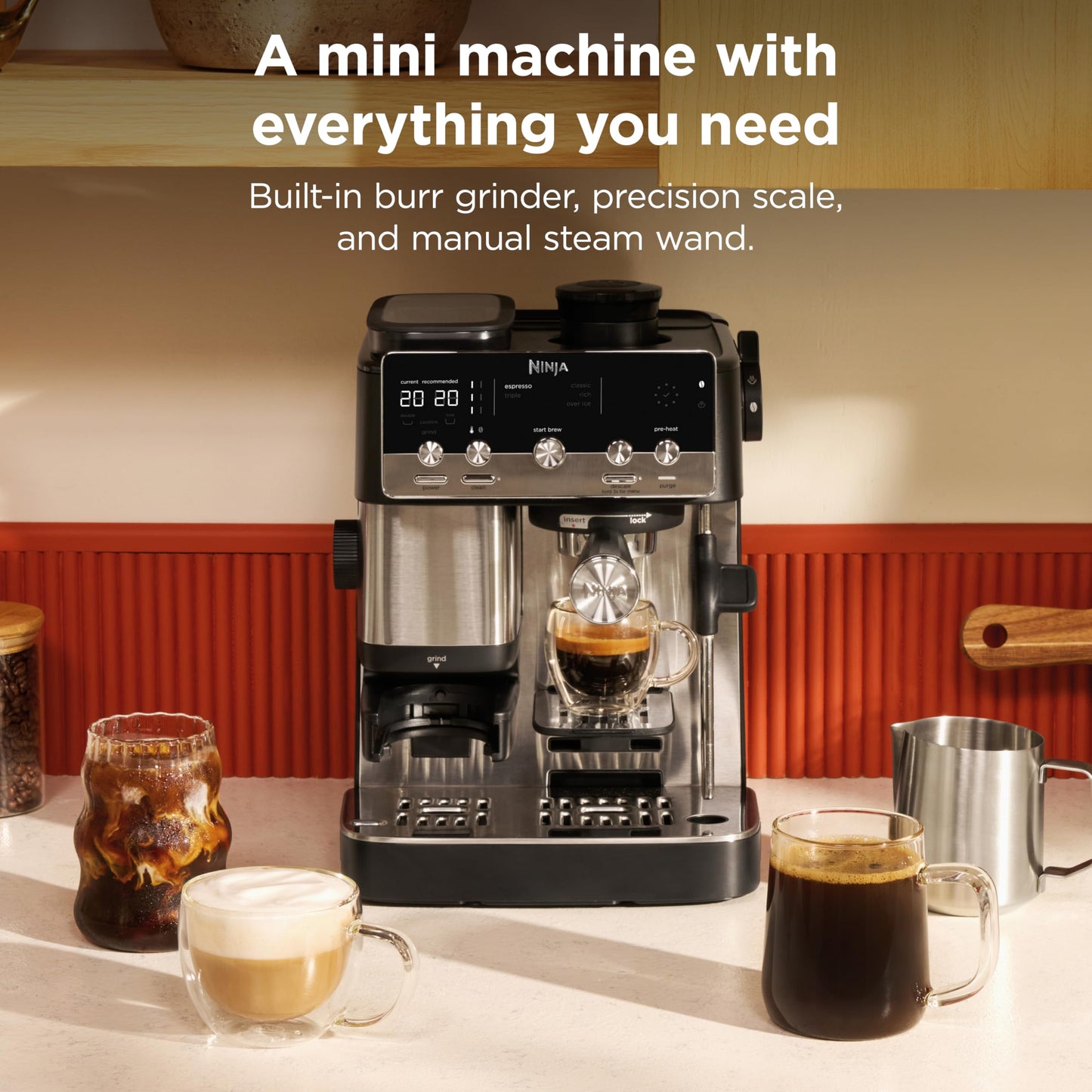 Ninja Luxe™ Café Mini | Espresso Machine & Drip Coffee | Built-in Burr Grinder, Precision Scale & Manual Steam Wand | Lattes, Cappuccinos & More | Stainless Steel | ES301