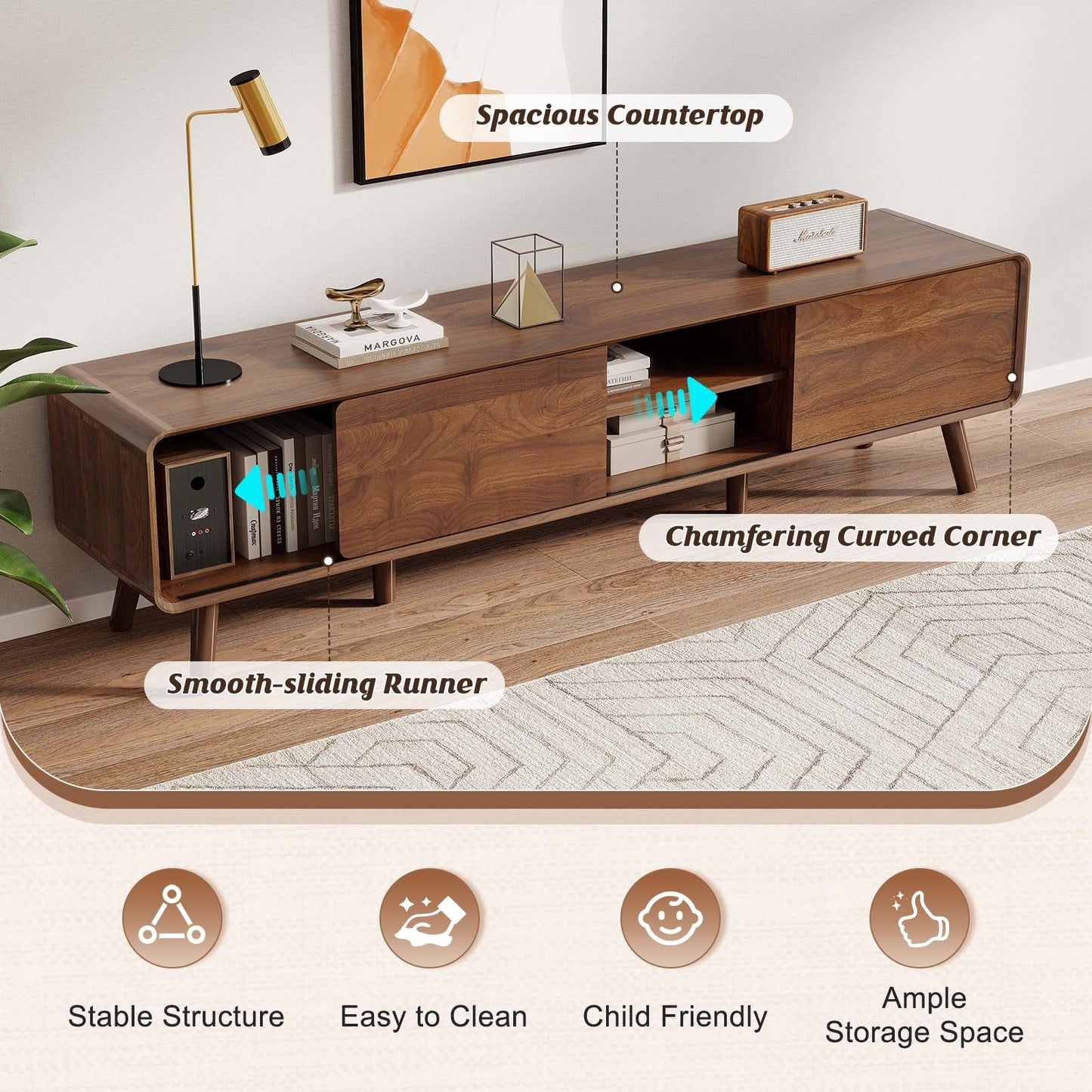 Nasonet 70" Mid Century Modern TV Stand for Tvs up to 80", Entertainment Center with Storage, Sideboard Media Console for Living Room with 2 Sliding Door/Adjustable Shelves, Walnut