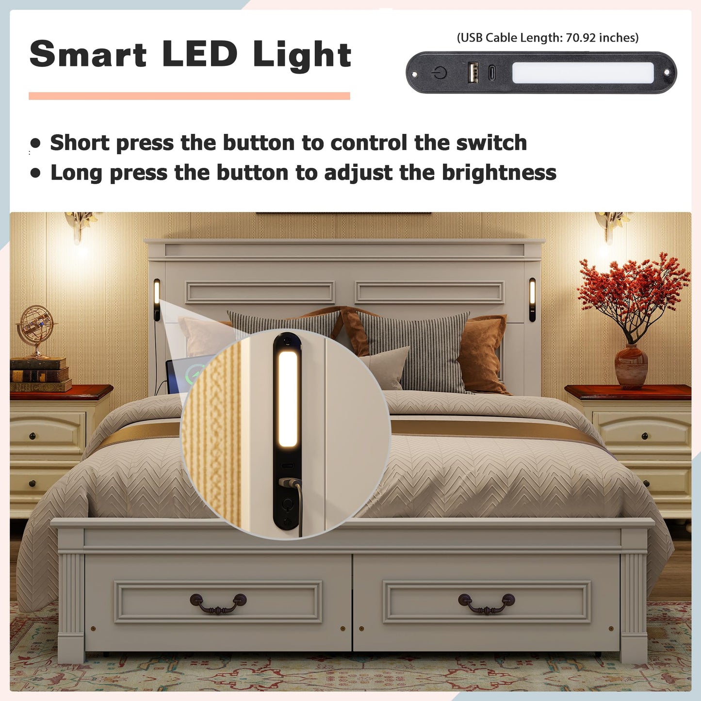 KEIKI Queen Size Farmhouse Bed Frame with 2 Storage Drawers & LED Lights & USB-C Charging Ports, Solid Wood Platform Bed with Tall Panel Headboard & Footboard, No Box Spring Needed, White