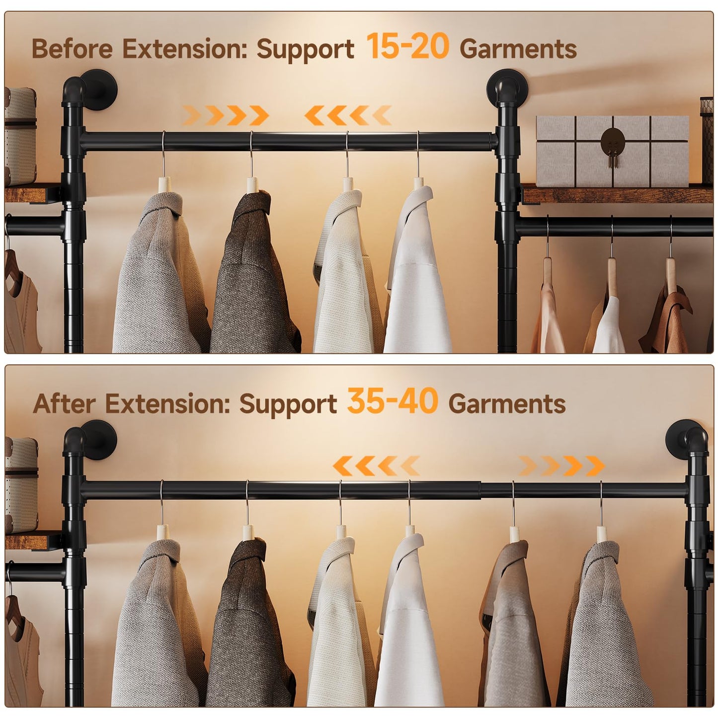 ONBRILL T4 Wall Mounted Closet System, Industrial Pipe Clothing Rack with 8 Wooden Shelves, 4 Drawers & 4 Hanging Rods (2 Expandable), Heavy Duty Closet Organizers and Storage System (Rustic Brown)