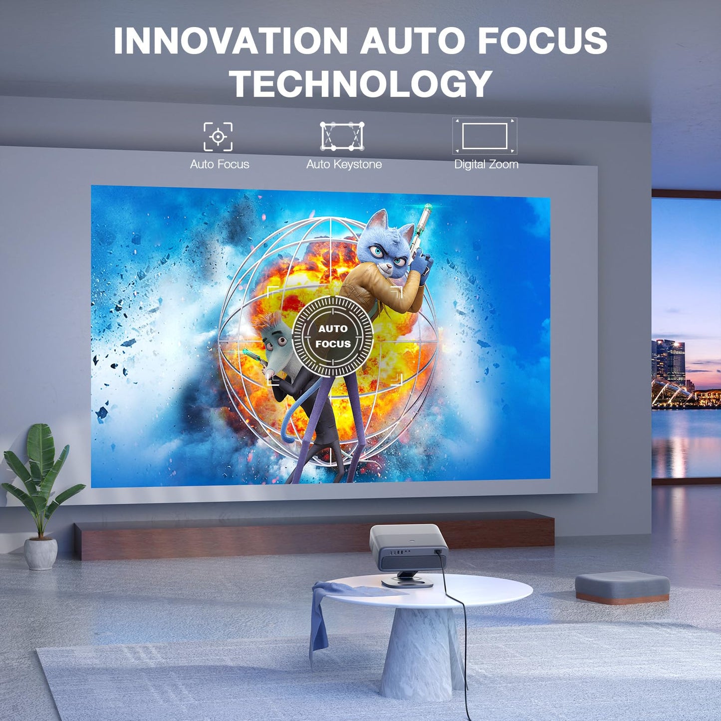 [Officially-Licensed APP & 2500ANSI] 4K Projector with WiFi and Bluetooth,3D Dolby Audio and Auto Focus Smart Projector,Outdoor Movie Home Theater Proyector with Omni-Adjustable Stand (grey)