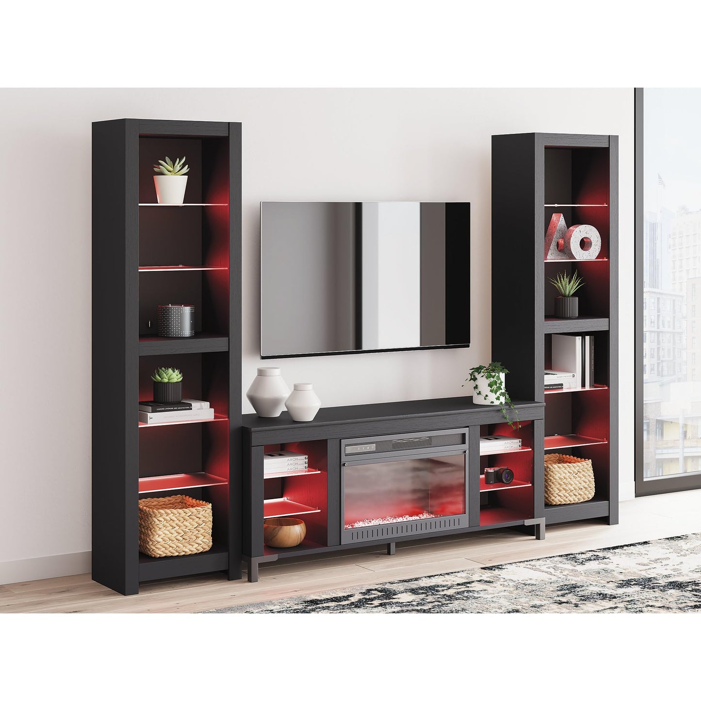 Signature Design by Ashley Cayberry Modern 3-Piece Entertainment Center with Electric Fireplace for TVs up to 68", Black