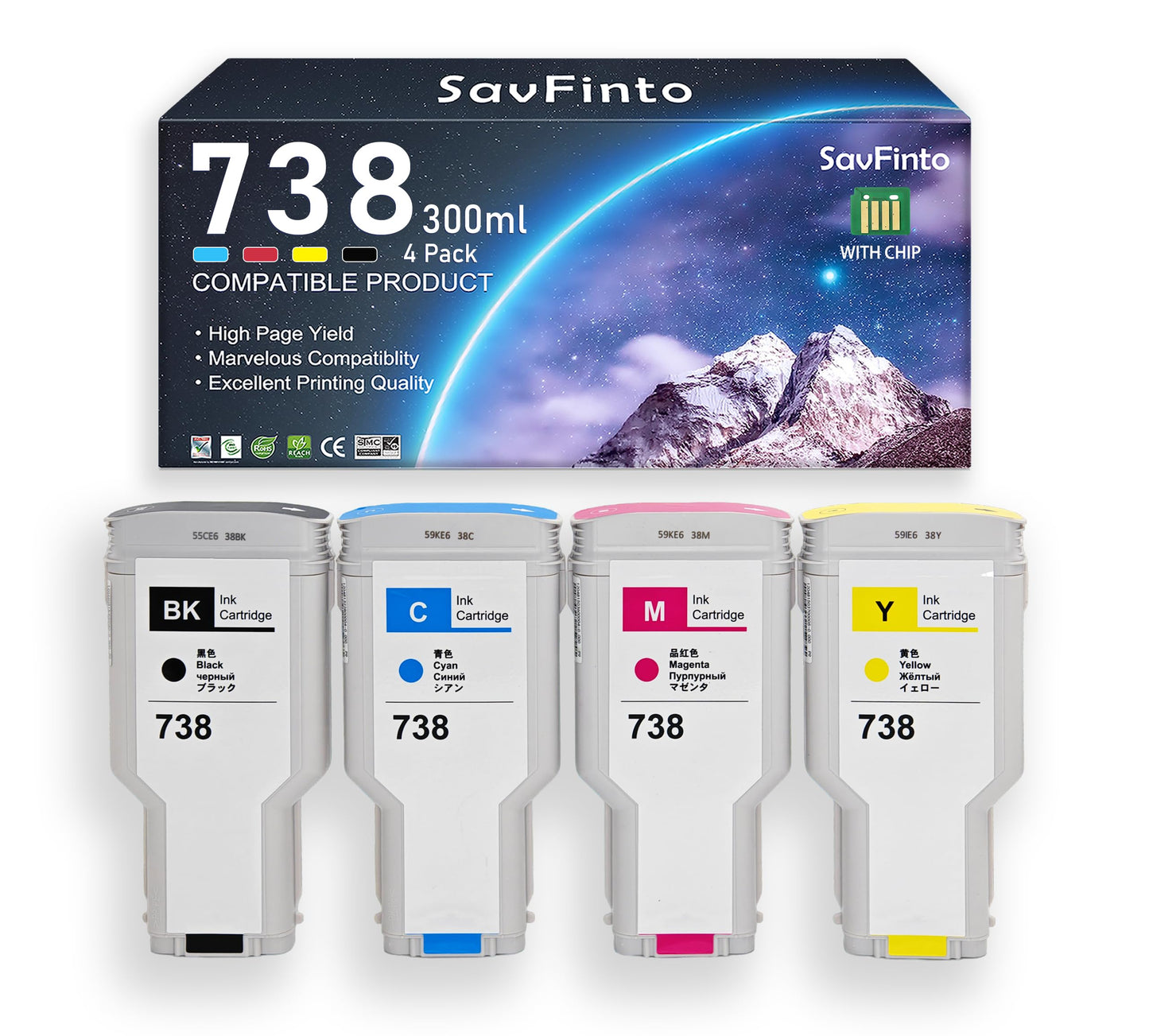 SavFinto 738 Ink Cartridge 738XL High Capacity (300ml X 4) Compatible with HP DesignJet T850 T950 Large Format Plotter Printer(498N8A 676M6A 676M7A 676M8A, BK/C/M/Y, 4-Pack)