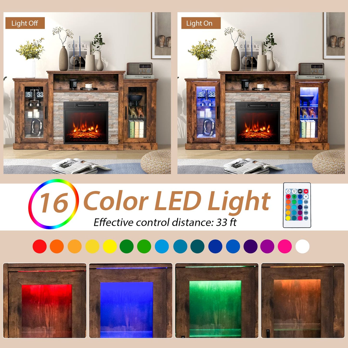 Tangkula Electric Fireplace TV Stand, Electric Fireplace Mantel with 16-Color Led Lights, Adjustable Glass Shelves, Remote & Smart APP Control, TV Console for Living Room
