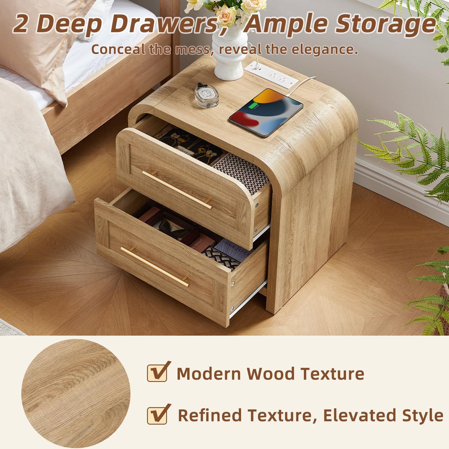 JINVICJIASI Night Stand Set 2 with Charging Station, Curved Modern Nightstand with 2 Drawers & Metal Handle,22" Mid Century Side End Tables, Thick Desktop Bedside Table Storage Cabinet for Bedroom
