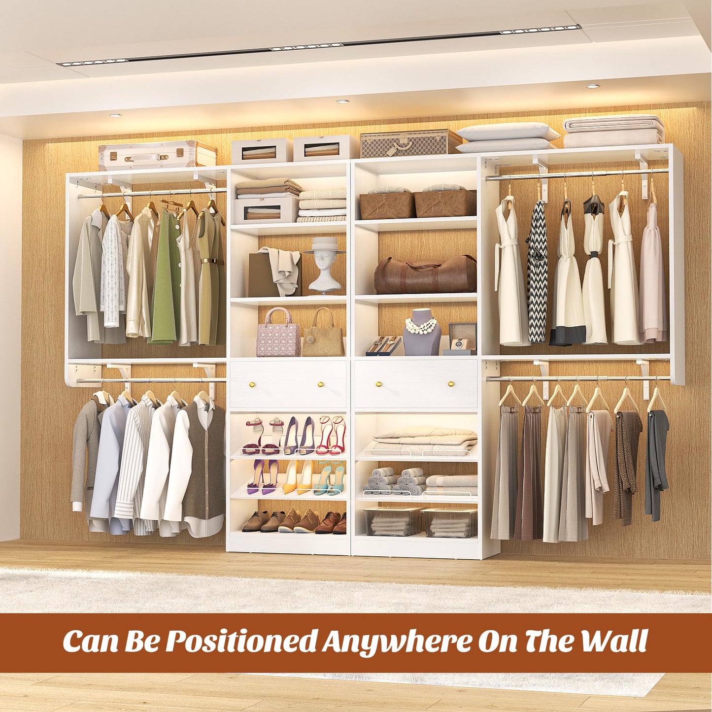[10 FT Closet System] 120 Inch Reversible Set of 2 Wood Closet Organizer System with 2 Drawers, 4 Hanging Rods Adjustable Shelf, Walk In Closet Organizers with Shoe Rack, Garment Rack, White