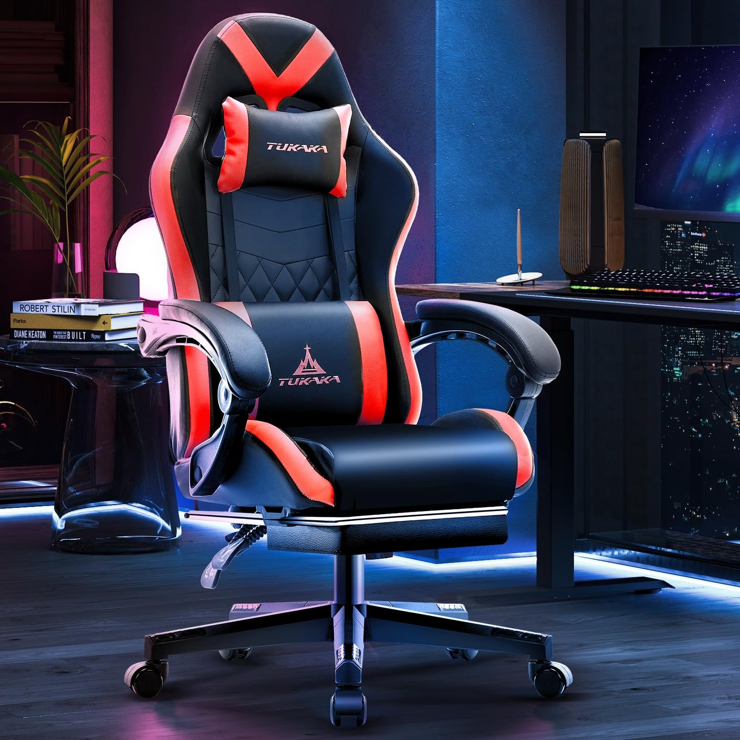 TUKAKA Gaming Chair,Ergonomic Massage Computer Office Desk Chair with Footrest,Pocket Spring Cushion,Reclining Leather Adjustable Gamer Chair with Headrest and Lumbar Support,Red