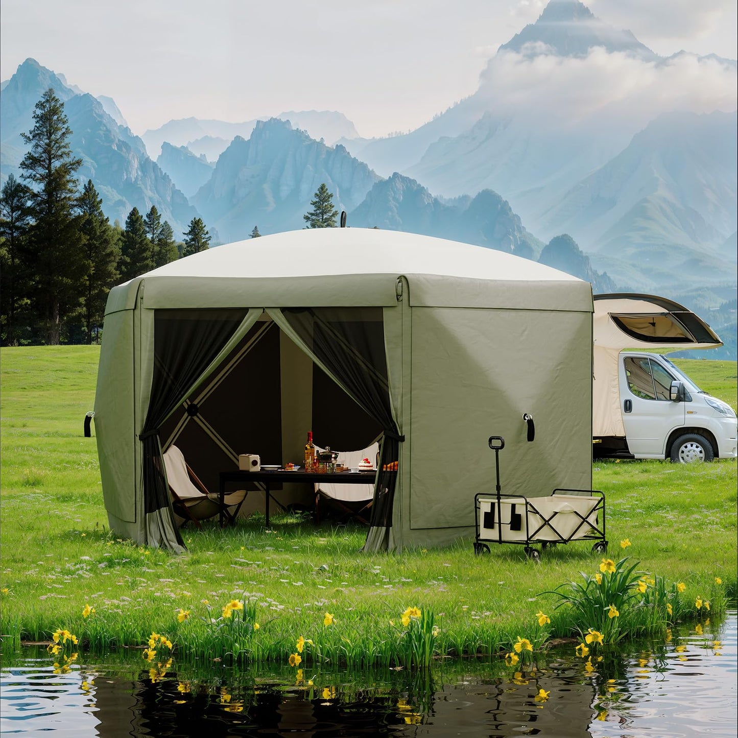 Garvee 13FT Pop-Up Gazebo 6-Sided, Outdoor Canopy Tent with Mosquito Netting & Removable Wind Cloths for Camping, Backyard Parties, Outdoor Events, Army Green