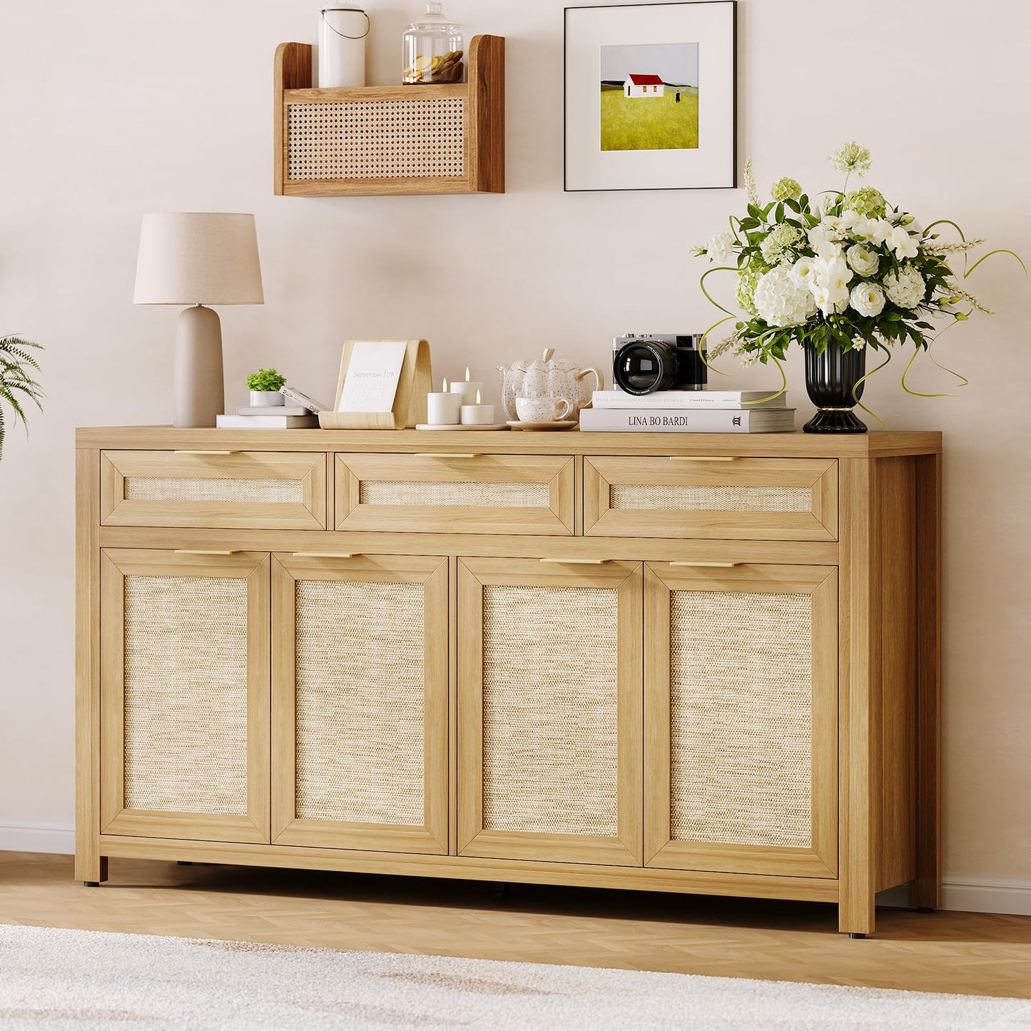Garvee 63in Sideboard Buffet Cabinet with Storage, Rattan Farmhouse Credenza Coffee Bar Cabinet with 3 Drawers 4 Doors and Adjustable Shelves for Dining Room Kitchen