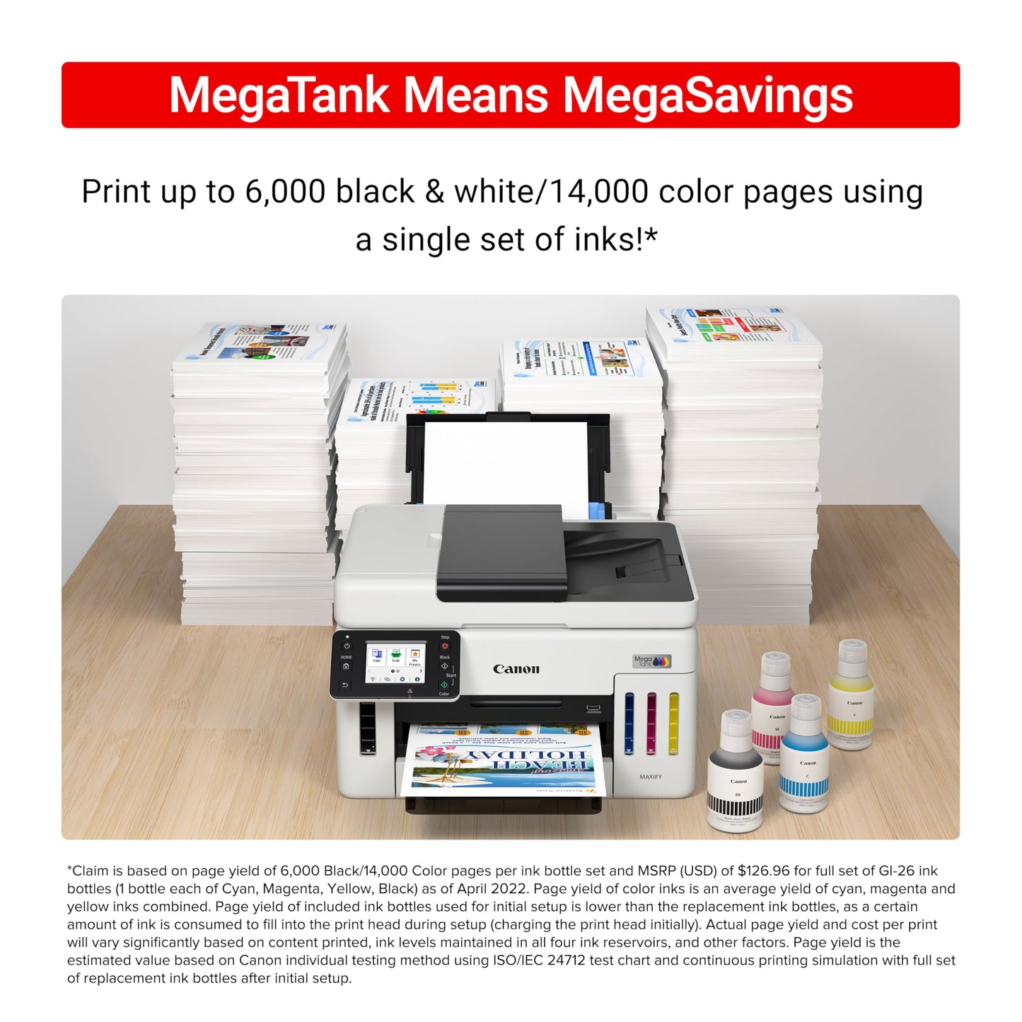 Canon Megatank GX6120 Wireless All-in-One Printer, Print, Scan and Copy, with 2.7" LCD Touch Screen and Auto Document Feeder, White