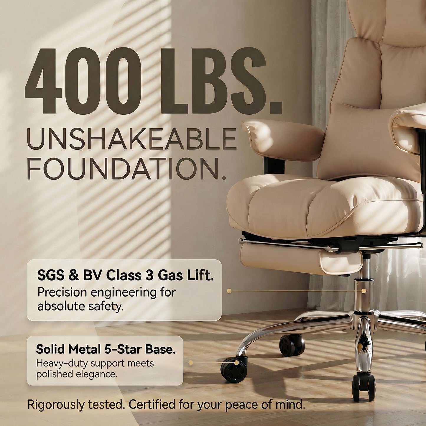 Efomao Big and Tall Office Chair 400lbs - Heavy Duty Reclining Desk Chair with Footrest, Spacious High Back PU Leather Executive Chair, Double-Layer Spring Support, Dark Beige