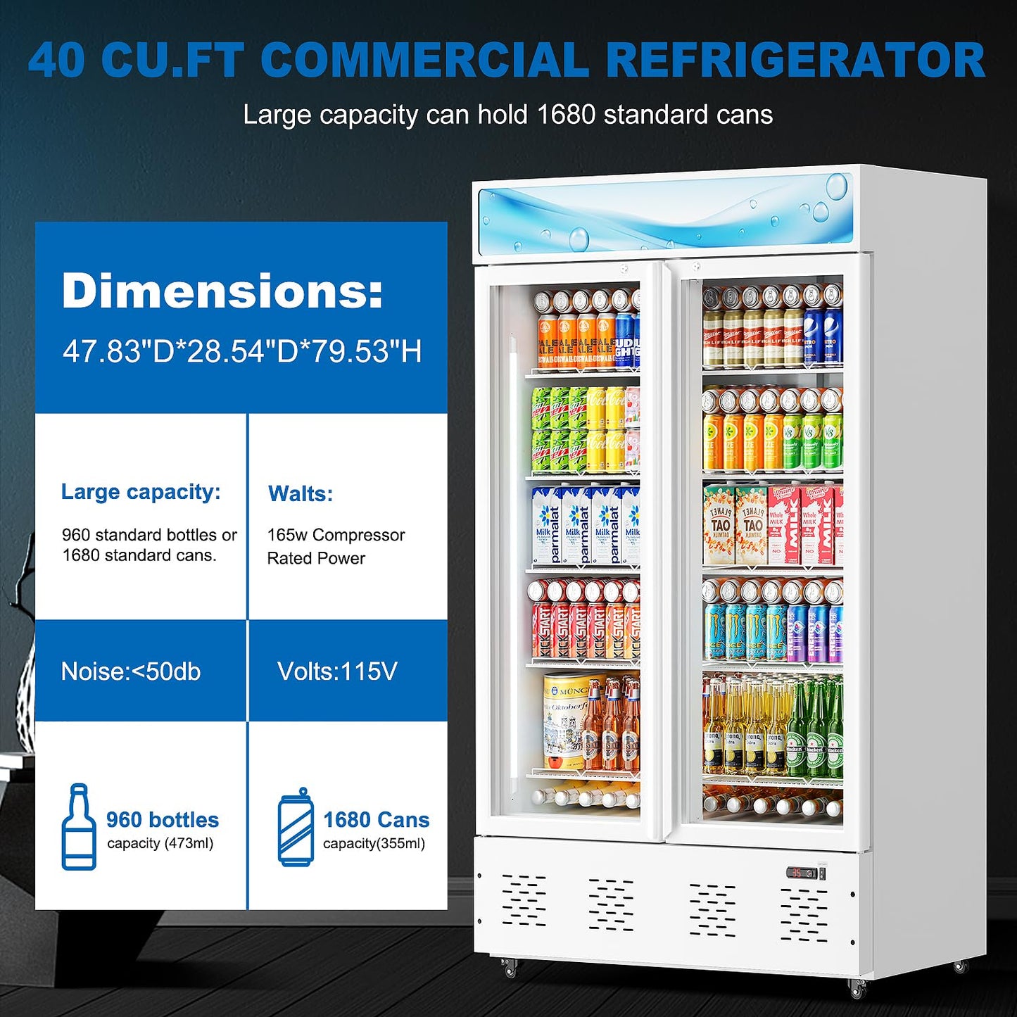 ECEVT 47.8'' W Commercial Beverage Refrigerators, 40 Cu.ft Glass Door Refrigerator Commercial Cooler with LED Light and 10 Shelves, Display Refrigerator for Restaurant Store Cafe Bar, White