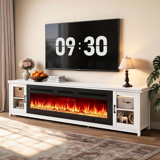 OneBlis 80" Fireplace TV Stand, Modern Entertainment Center with 50" Electric Fireplace, TV Console for Living Room, Fits TVs Up to 90", White & Black