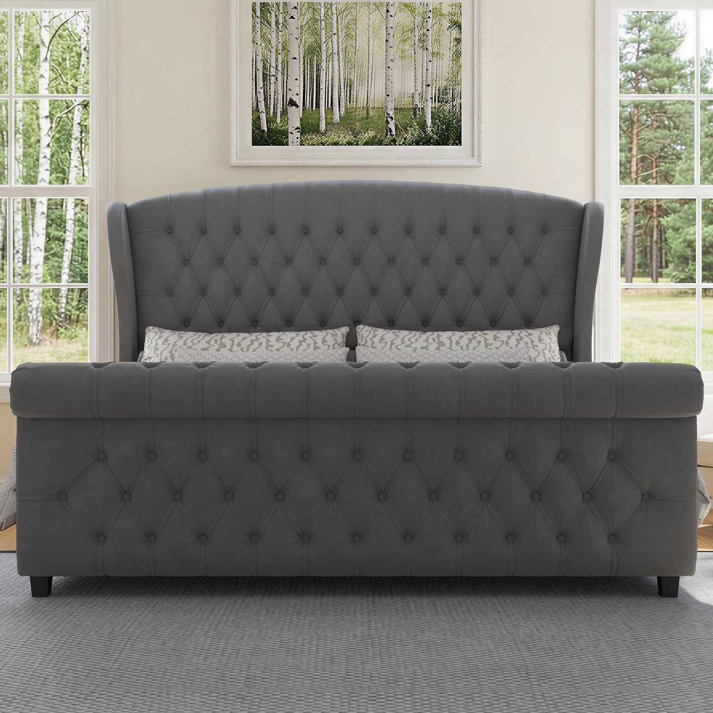 LUXOAK California King Size Platform Bed Frame, Velvet Upholstered Sleigh Bed with Curved Headboard & Footboard, Deep Button Tufted, Wood Slats Support, No Box Spring Needed, Grey