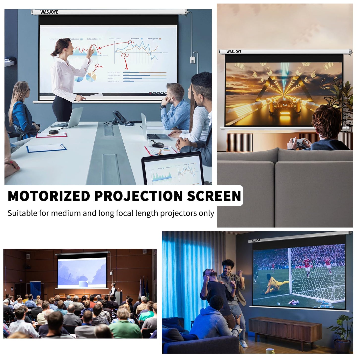 WASJOYE Motorised Projector Screen 120" - 16:9 Electric Projector Screen Wall/Ceiling Mount with Remote Control - 8K HD Projection Screen Dual Side Power Supply for Home Theater Office TV Game