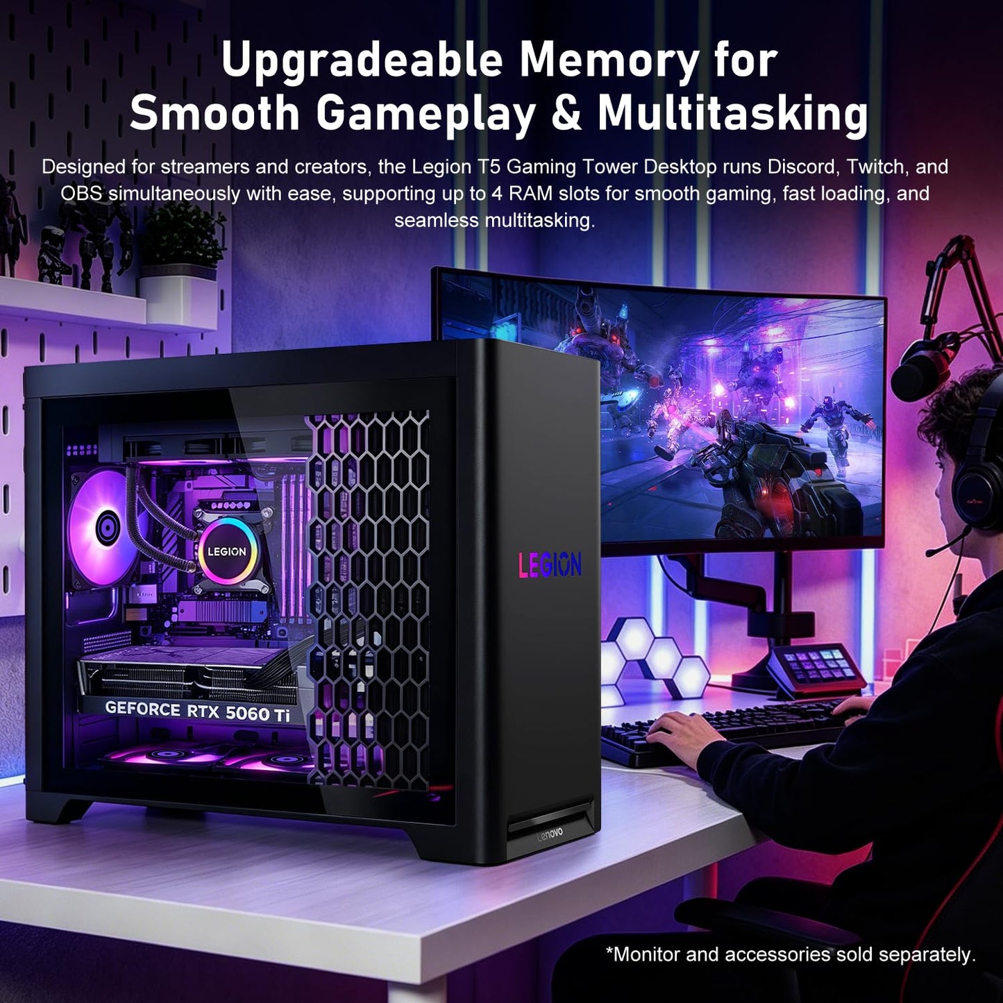 Lenovo Legion T5 5060Ti Gaming Tower Desktop, Intel Core Ultra 7 265F, GeForce RTX 5060Ti, 16GB DDR5, 1TB SSD, Support 3-Monitor 4K, DP, RGB Lighting, HDMI, Keyboard& Mouse, Windows 11 Home, Black