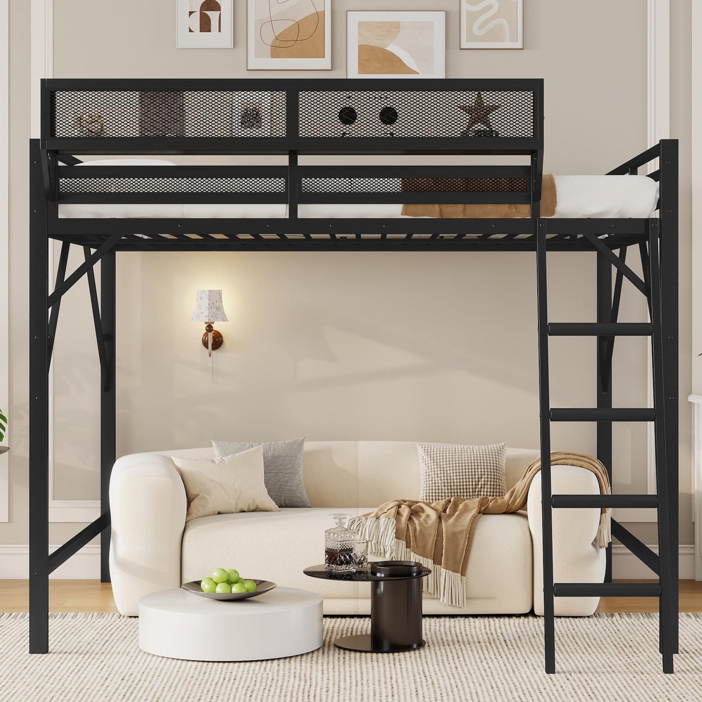 KEIKI Queen Size Metal Loft Bed Frame with Ladder and Built-in Storage Shelves, for Teens, Modern Style Loft Bed with Solid Slats, Guardrail, No Box Spring Required, Easy Assembly, for Bedroom, Black