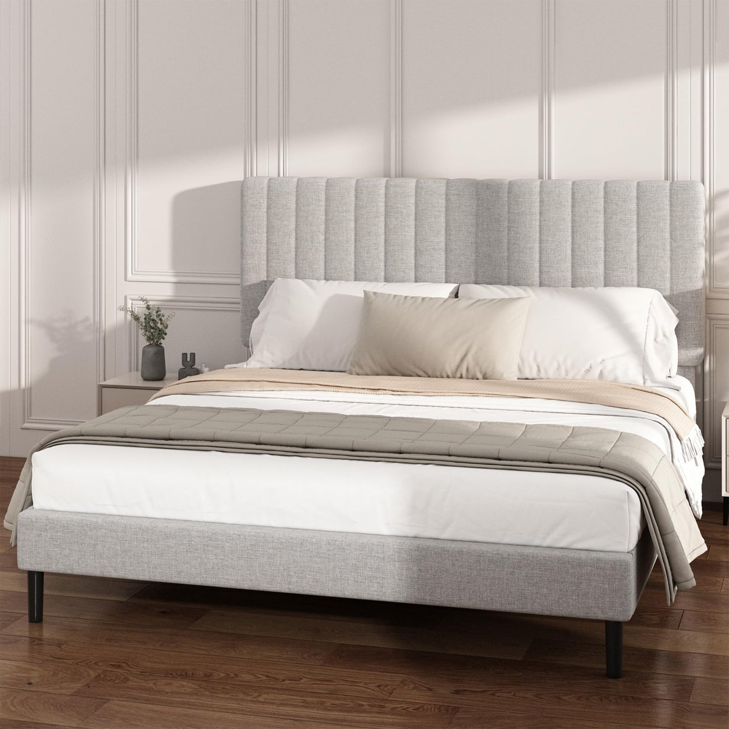 Mxhtcewz King Size Platform Bed Frame with Vertical Channel Tufted Headboard, No Box Spring Needed, Noise-Free, Easy Assembly, Light Grey Linen