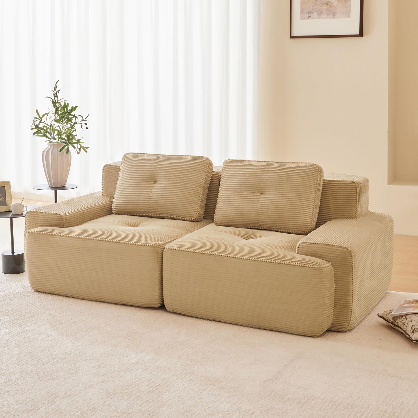 KEIKI 80" Oversized Corduroy Modular Sectional Loveseat Sofa with High-Density Foam Cushion & 2 Pillow, Upholstered Anti-slip Design 2-Seater Tufted Couch, No Assembly Required, for Living Room, Camel