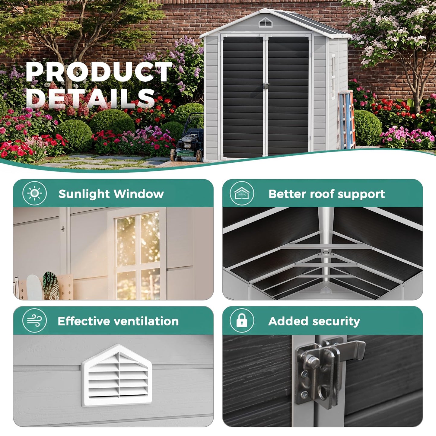 SENYUN 8x6 FT Resin Storage Shed with Floor Included, Garden Outdoor Shed with Lockable Doors and Window, Double-Wall Polypropylene Plastic Shed for Backyard, Patio, Lawn, Bike, Tools, Grey