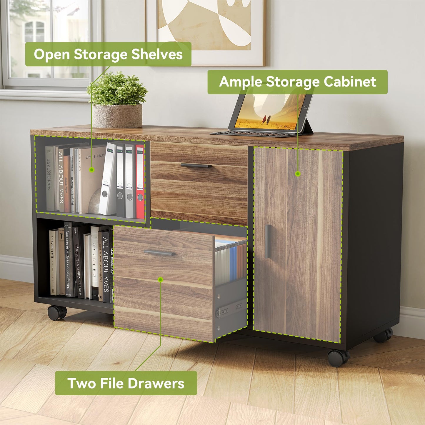 LITTLE TREE 70.8" Executive Desk with Lateral File Cabinet, Modern Thickened Wooden Workstation L-Shaped Computer Desk Large Home Office Writing Desk for Home Office