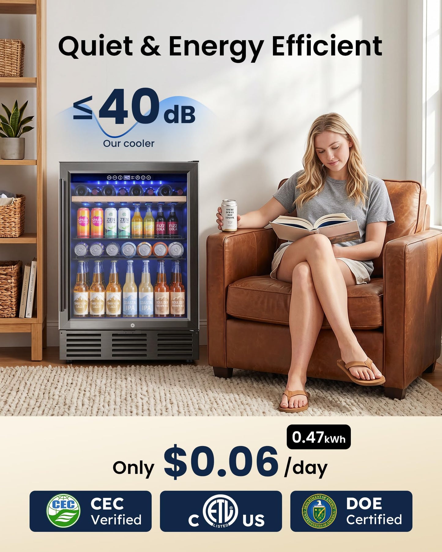 ICEVIVAL 24 In Beverage Refrigerator, 112 Cans & 8 Bottles Wine Fridge with Double-Layer Glass Door, Built-In or Freestanding Wine and Beverage Refrigerator, Under Counter Fridge for Home/Bar/Cafe