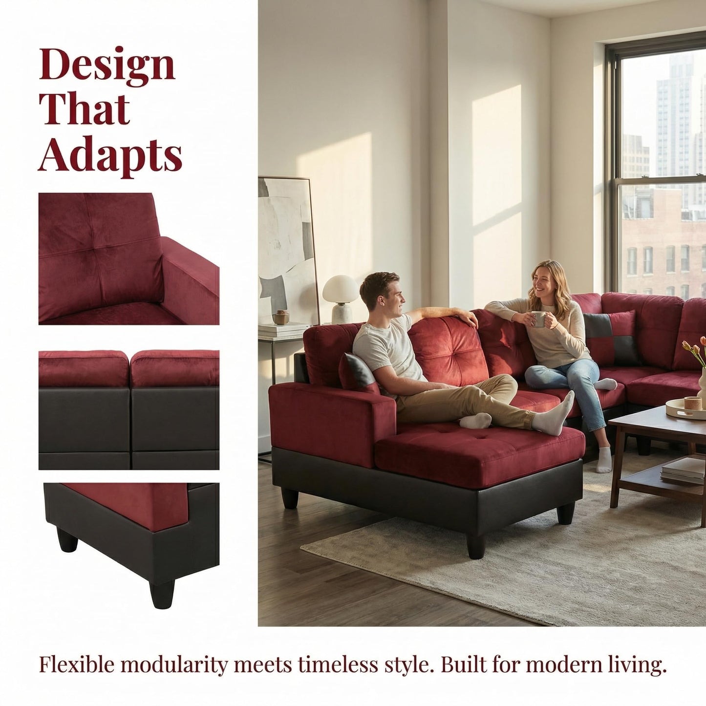 NicBex Flannel 103.5" Sectional Couches for Living Room, 2-Piece L-Shaped Sectional Couch with Movable Lounge Chaise, Multi-Scene Use for Apartment & Office, Red