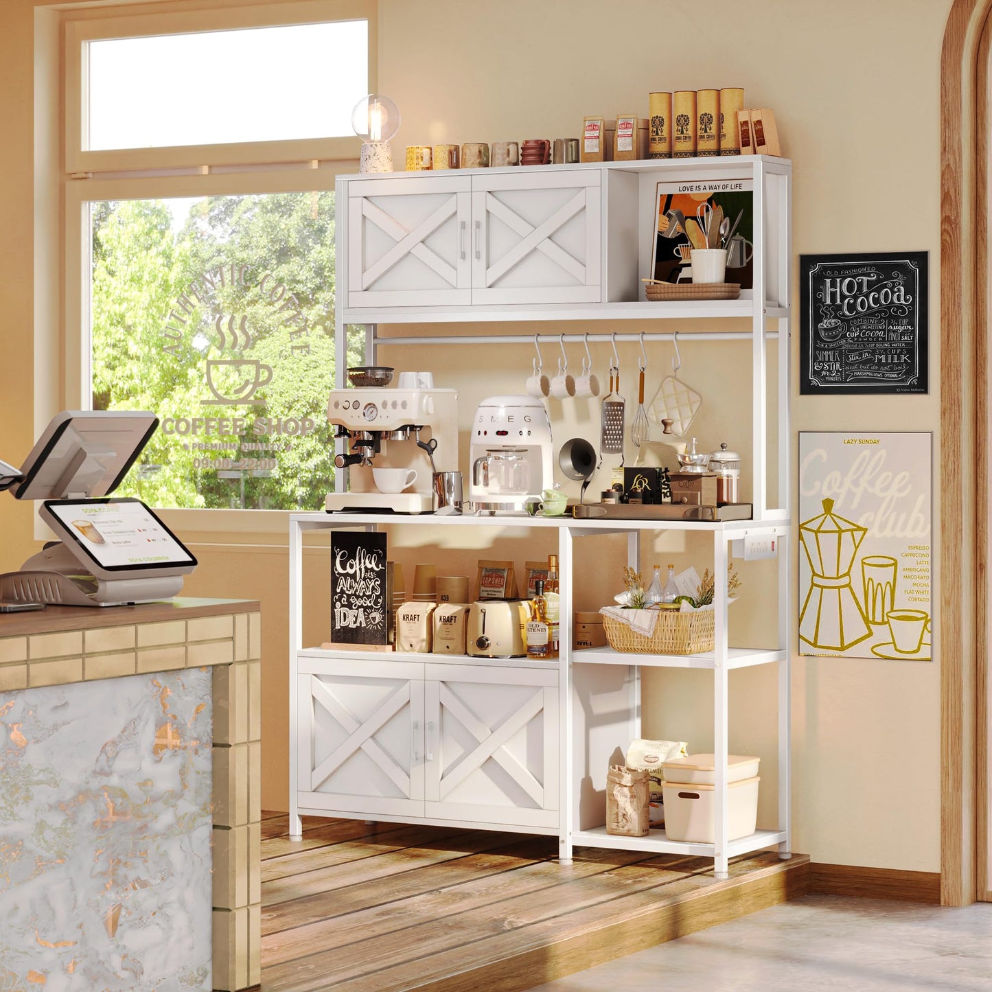 Huuger Large Bakers Rack with Power Outlet, Kitchen Microwave Stand with Cabinets, Coffee Bar Table Station with Storage, 6 S-Shaped Hooks, Mesh Shelves, 45 Inch Wooden Top, White
