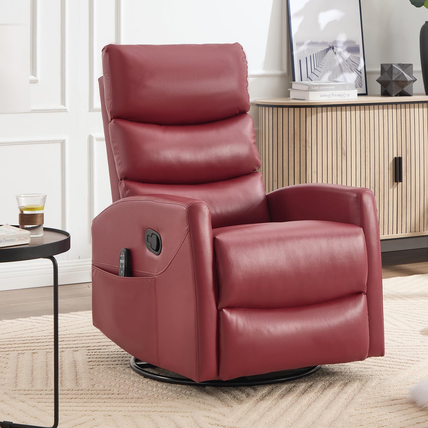 KEIKI 4-in-1 Manual Swivel Rocker Recliner Chair for Home Living Room, Faux Leather Chair with Back Massager & Heat, Home Theater Seating with Lumbar Support, Comfy Reading Chairs for Adults, Red