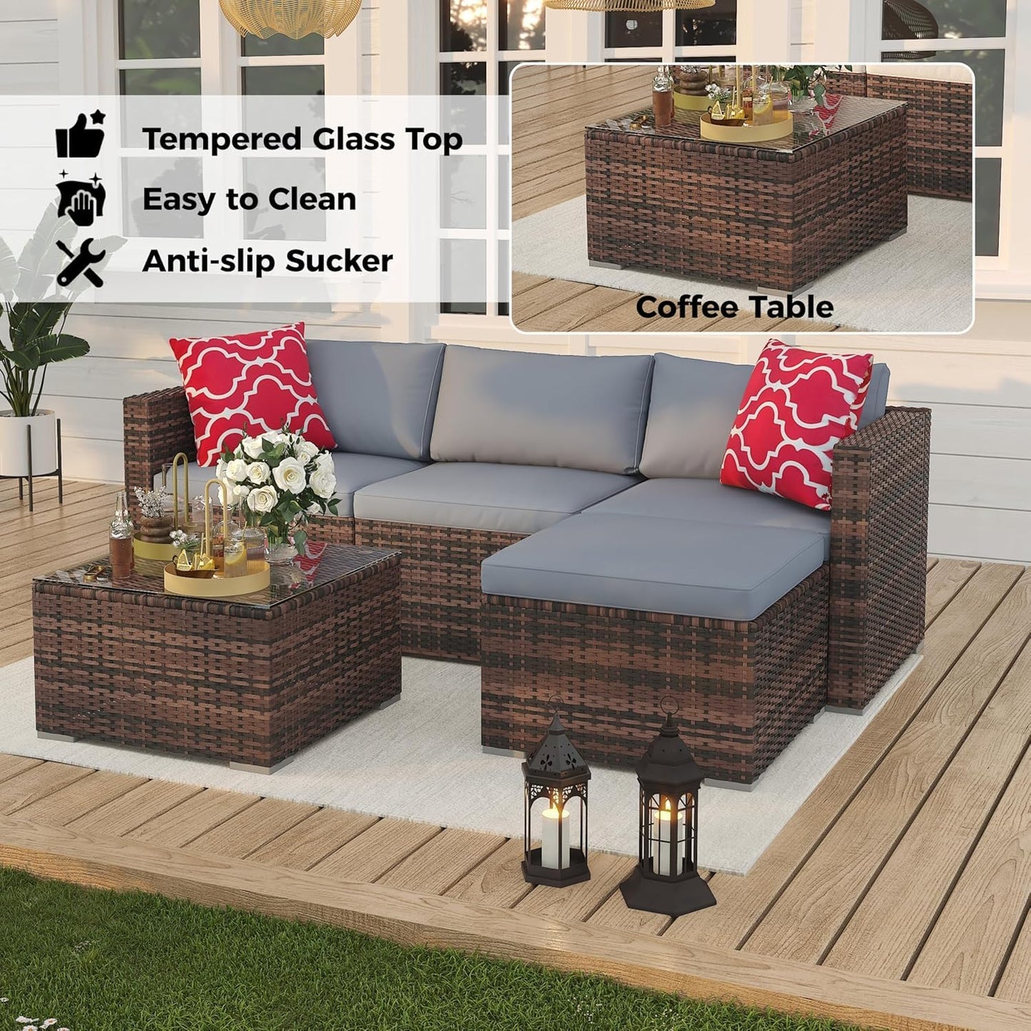 5-Piece Outdoor PE Wicker Patio Furniture Set, Water-Resistant Sectional Sofa With Plush Cushions, Tempered Glass Coffee Table & Ottoman, All-Weather Garden Conversation Set for Porch, Backyard, Grey