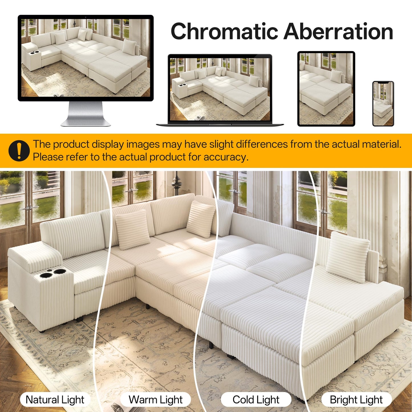 KEIKI 110" L-Shaped Oversized Plush Corduroy Modular Sectional Sofa with Pull-Out Bed, Convertible 6-Seater Sleeper Couch Bed with 1 Ottomans & USB & Cup Holders, Easy Assembly, for Living Room, Beige