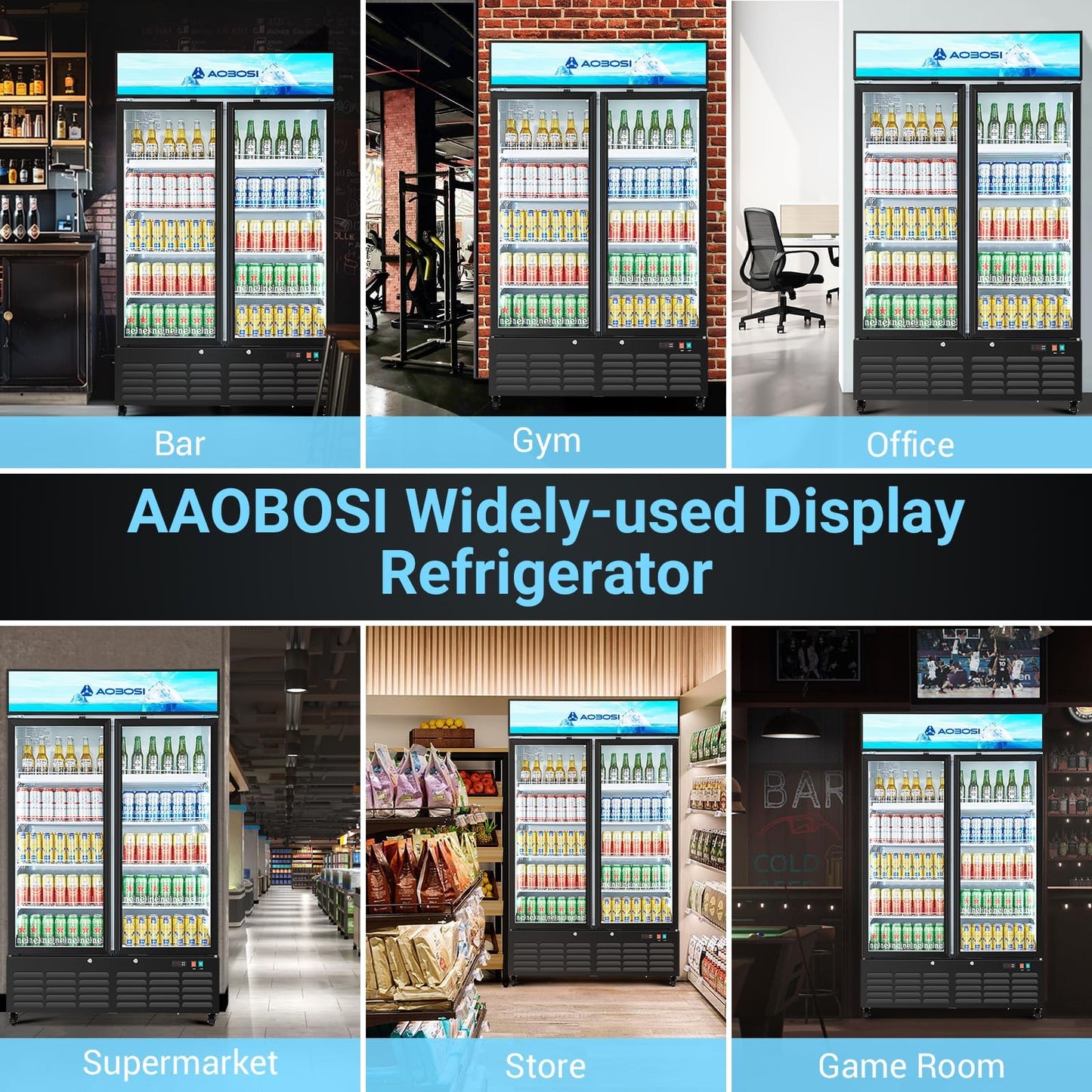 AAOBOSI 44”Commercial Merchandiser Refrigerator,27.02 Cu.Ft Glass Door Display Refrigerator,Upright Beverage Fridge with Soft LED Light,Customizable Lightbox,Universal Casters,Adjustable Shelves