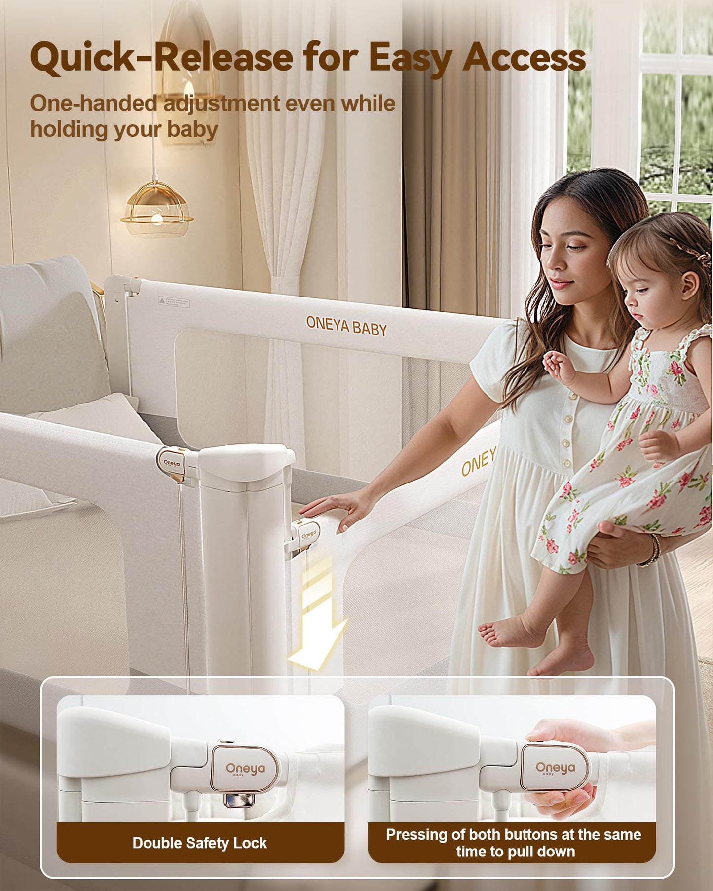 ONEYA BABY 3 Pack Bed Rail for Toddlers with Height Adjustable for Queen Size Bed, White/Grey,78.7x78.7x60 Inches
