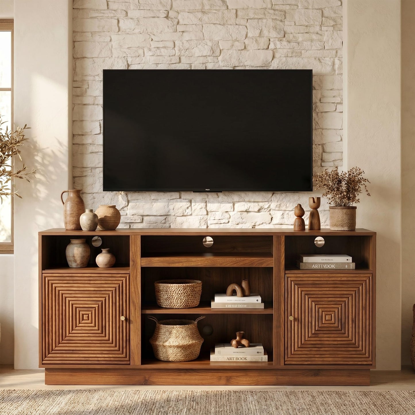 RoyalCraft TV Stand, Farmhouse Entertainment Center with Storage and Adjustable Shelves, Wood Tall TV Console for Living Room, Bedroom