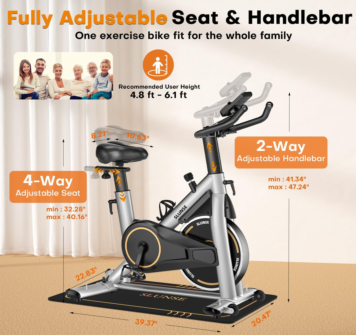 Exercise Bike, Magnetic Resistance Stationary Bikes for Home with App Compatible, Silent Indoor Cycling Bike with 350lbs Weight Capacity Comfortable Seat, Digital Monitor & Phone Mount, Grey Orange