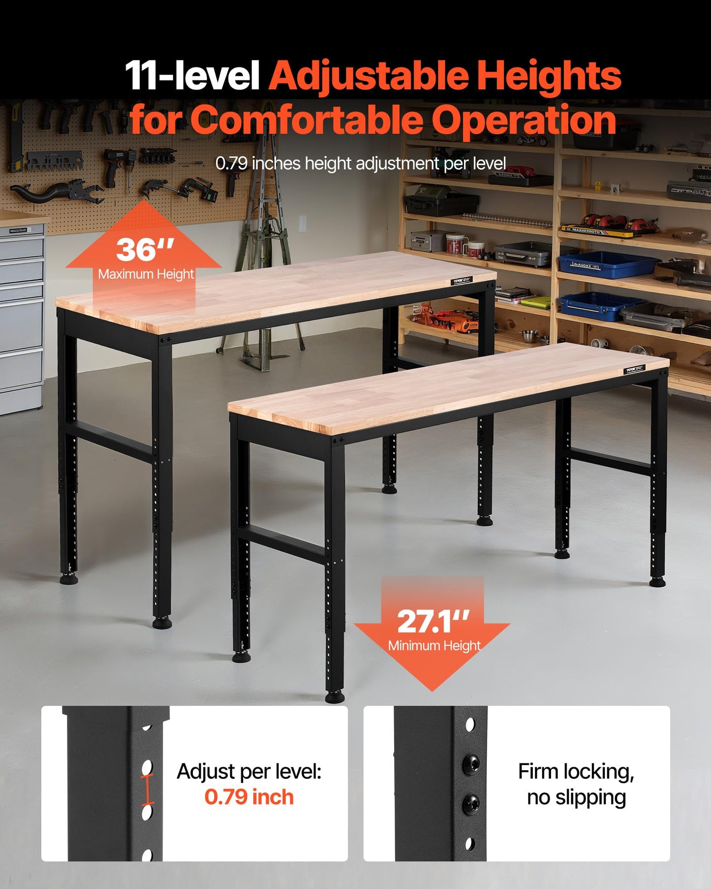 VEVOR Adjustable Workbench, 2000 lbs Capacity, 61 x 20-inch Heavy Duty Work Bench with 27.1-36 Inches Height Adjustment, Garage Workbench with Power Outlets, Suitable for Office, Garage, Workshop